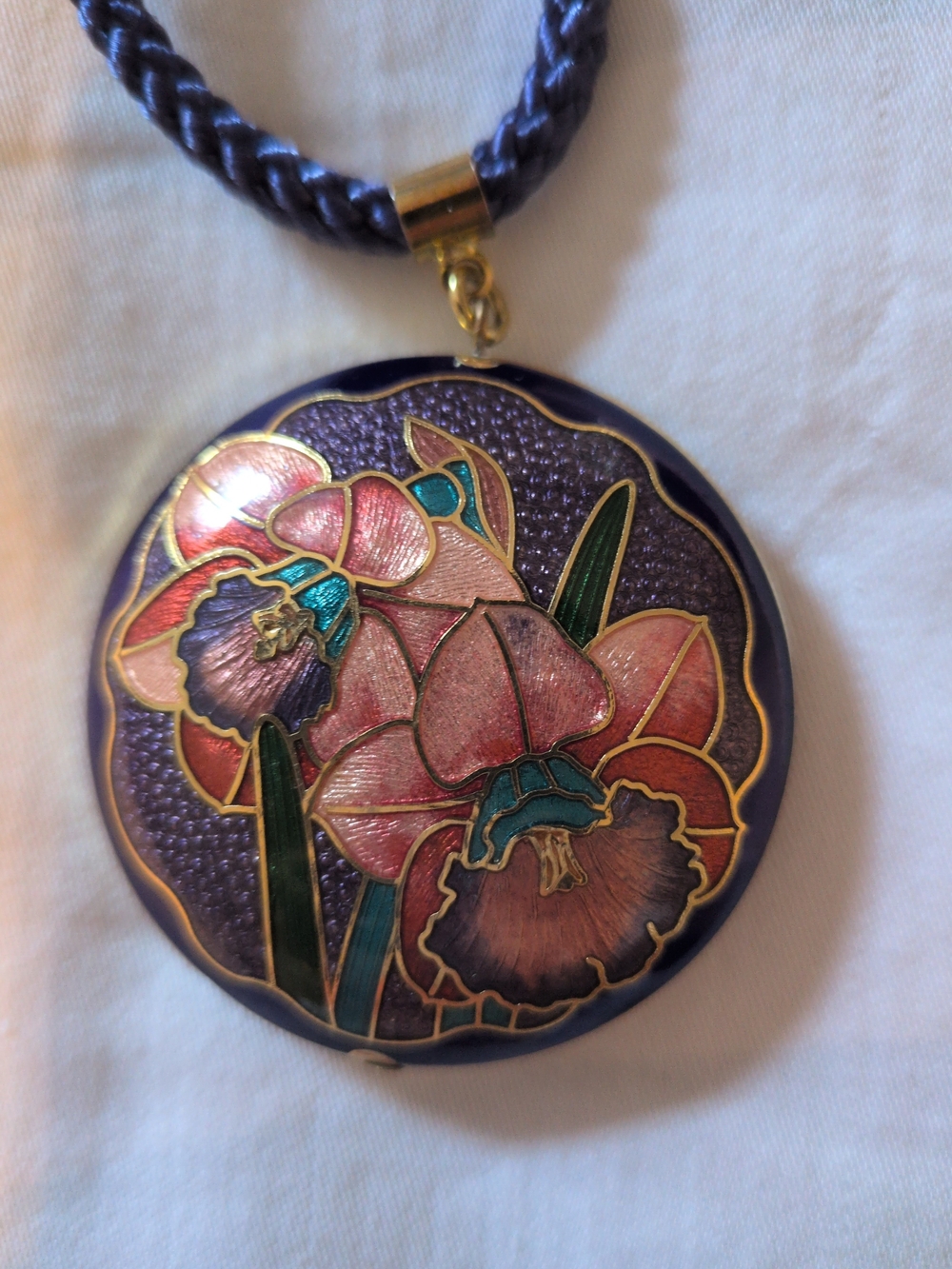 Floral Cloisonné Pendant Necklace in Blue and Pink